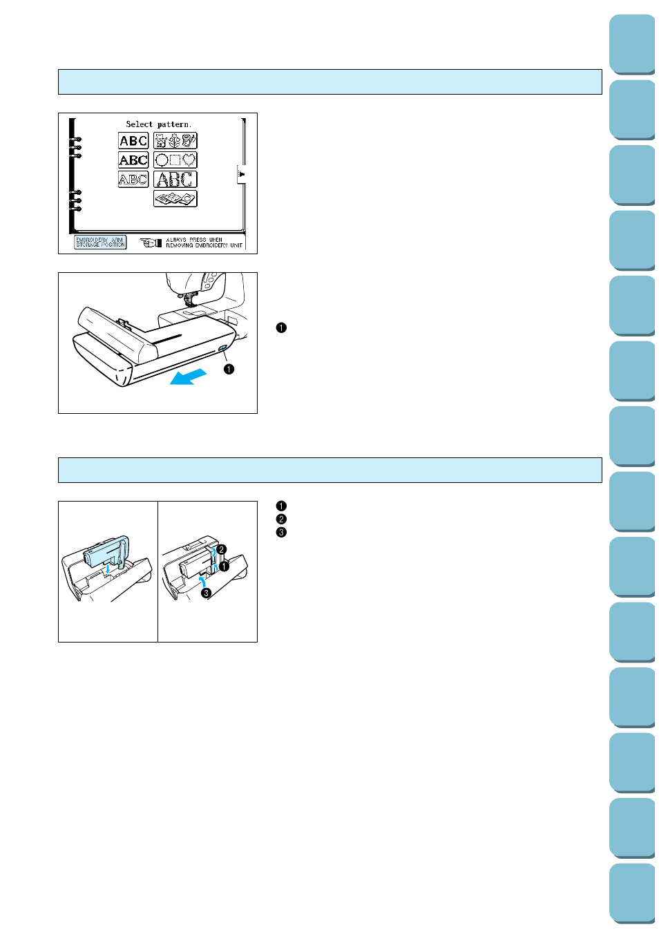 Removing the embroidery unit, Placing the embroidery unit into its case | Brother PC-8500 8500D User Manual | Page 111 / 196
