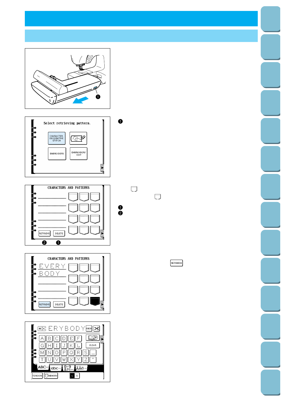 Retrieving, Retrieving characters and patterns | Brother PC-8500 8500D User Manual | Page 159 / 196