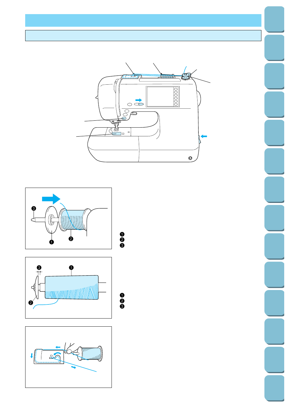 Bobbin winding / bobbin thread setting, Winding the bobbin and setting the bobbin thread | Brother PC-8500 8500D User Manual | Page 19 / 196