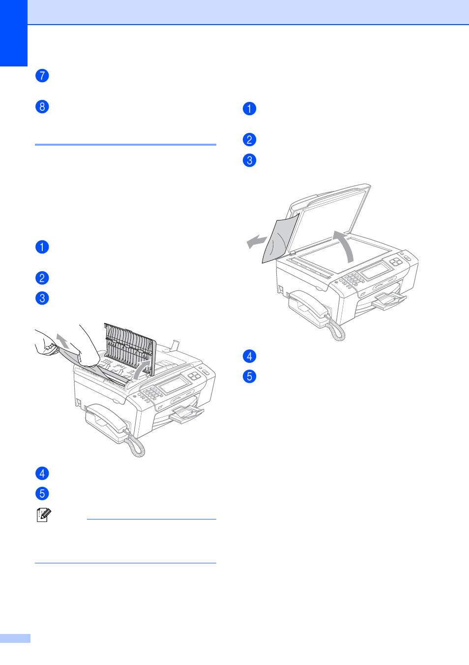 Document jam, Document is jammed in the top of the adf unit, Document is jammed inside the adf unit | Brother MFC-790CW User Manual | Page 174 / 240