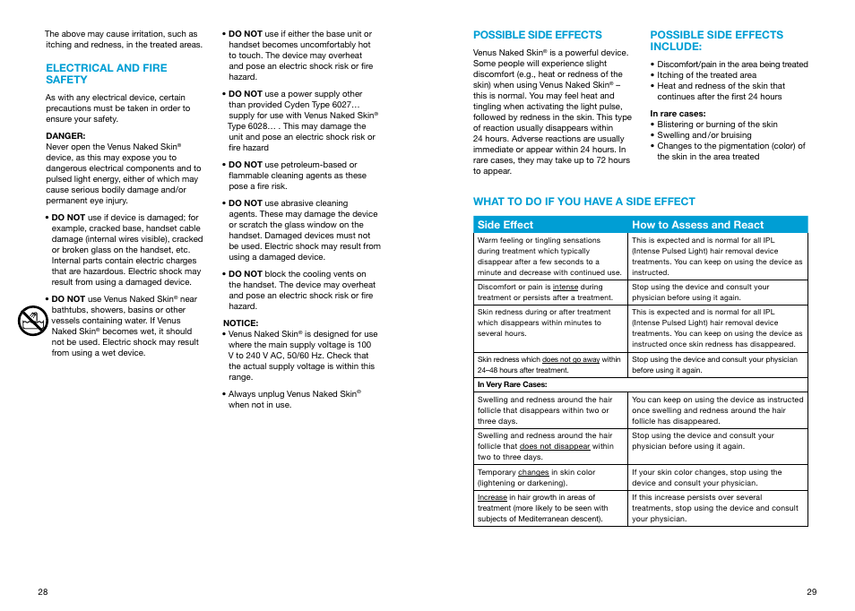 Electrical and fire safety, Possible side effects, Possible side effects include | What to do if you have a side effect | Braun Gillette Venus Naked Skin User Manual | Page 16 / 53