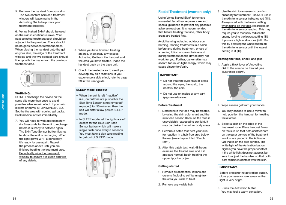 Facial treatment (women only) | Braun Gillette Venus Naked Skin User Manual | Page 19 / 53