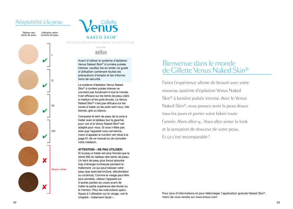 Adaptabilité à la peau, À lumière pulsée intense. avec le venus naked skin | Braun Gillette Venus Naked Skin User Manual | Page 23 / 53