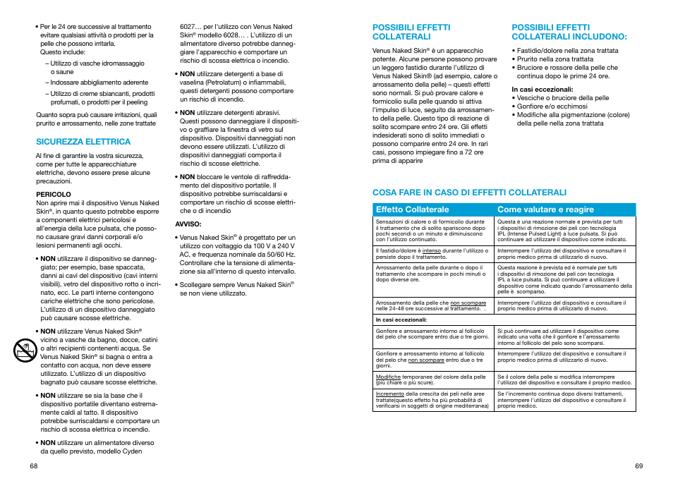 Sicurezza elettrica, Possibili effetti collaterali, Possibili effetti collaterali includono | Cosa fare in caso di effetti collaterali | Braun Gillette Venus Naked Skin User Manual | Page 36 / 53