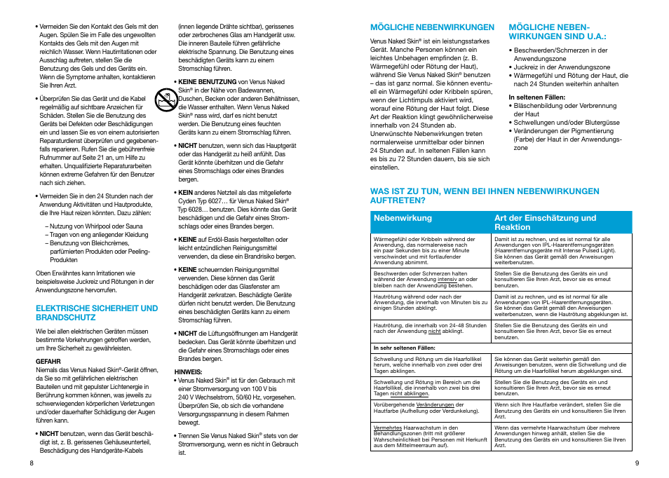 Elektrische sicherheit und brandschutz, Mögliche neben­wirkungen, Mögliche neben­wirkungen sind u.a | Mögliche neben wirkungen, Mögliche neben­ wirkungen sind u.a | Braun Gillette Venus Naked Skin User Manual | Page 6 / 53