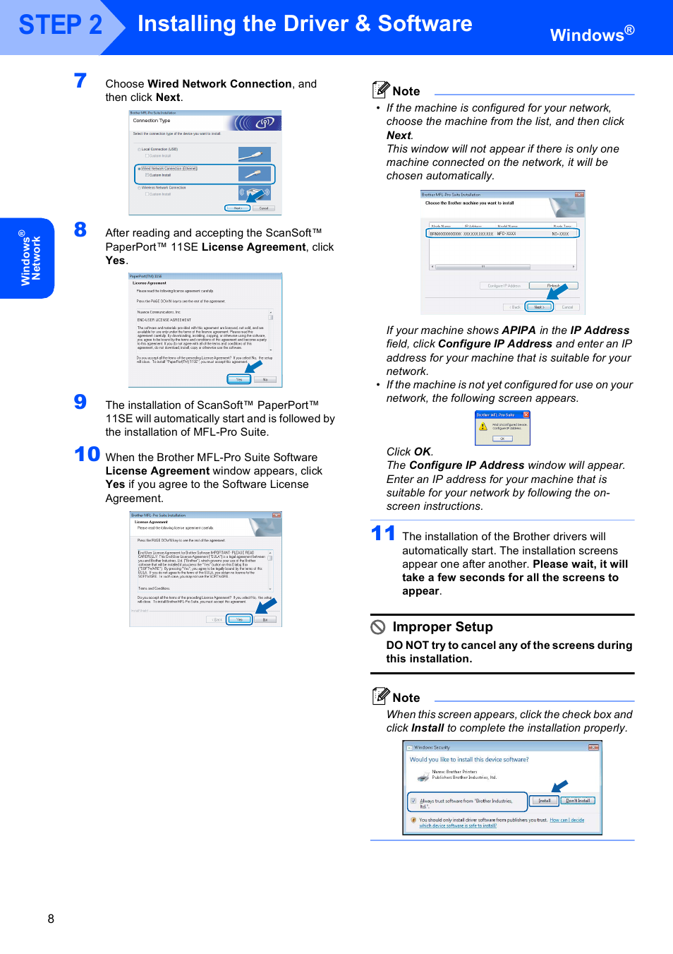 Step 2, Installing the driver & software, Windows | Improper setup | Brother MFC-8870DW User Manual | Page 10 / 29