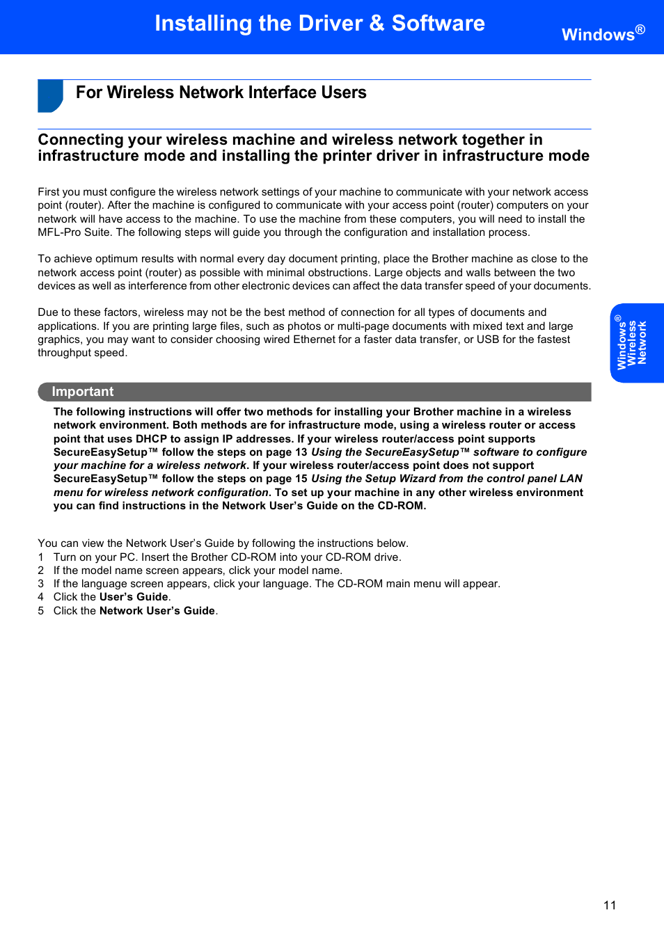 For wireless network interface users, Installing the driver & software, Windows | Brother MFC-8870DW User Manual | Page 13 / 29
