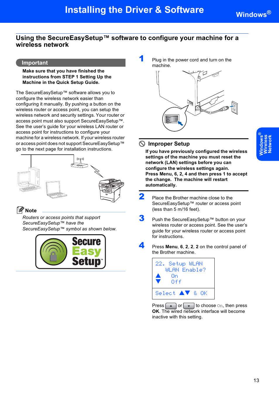 Installing the driver & software, Windows, Setup wlan wlan enable? a on b off select ab & ok | Brother MFC-8870DW User Manual | Page 15 / 29