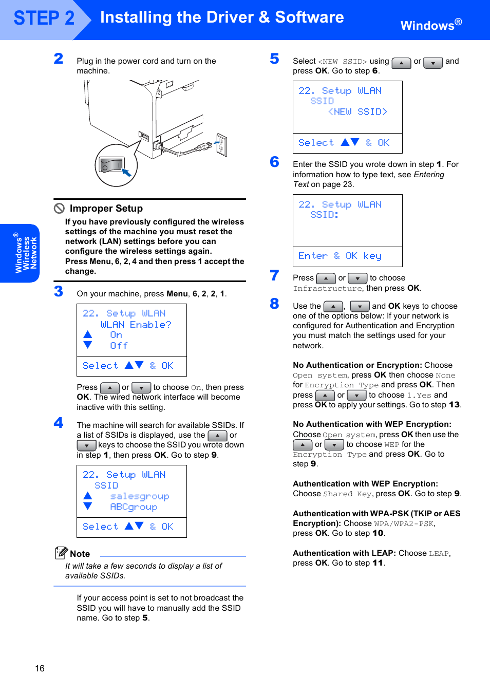 Step 2, Installing the driver & software, Windows | Setup wlan wlan enable? a on b off select ab & ok, Setup wlan ssid <new ssid> select ab & ok, Setup wlan ssid: enter & ok key | Brother MFC-8870DW User Manual | Page 18 / 29