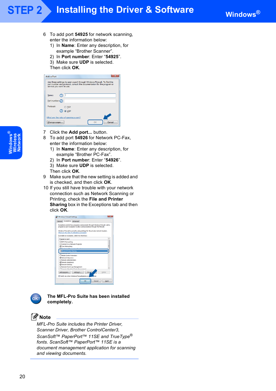 Step 2, Installing the driver & software, Windows | Brother MFC-8870DW User Manual | Page 22 / 29