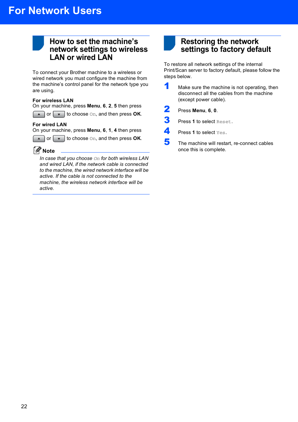 Restoring the network settings to factory default, For network users | Brother MFC-8870DW User Manual | Page 24 / 29