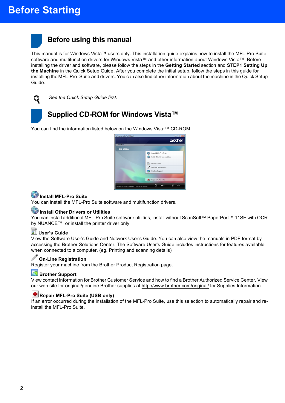 Before starting, Before using this manual, Supplied cd-rom for windows vista | Brother MFC-8870DW User Manual | Page 4 / 29