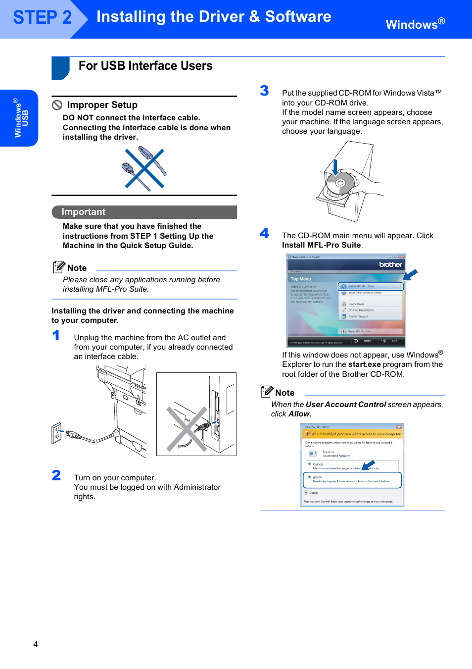For usb interface users, Installing the driver & software, Step 2 | Windows, Improper setup, Important | Brother MFC-8870DW User Manual | Page 6 / 29
