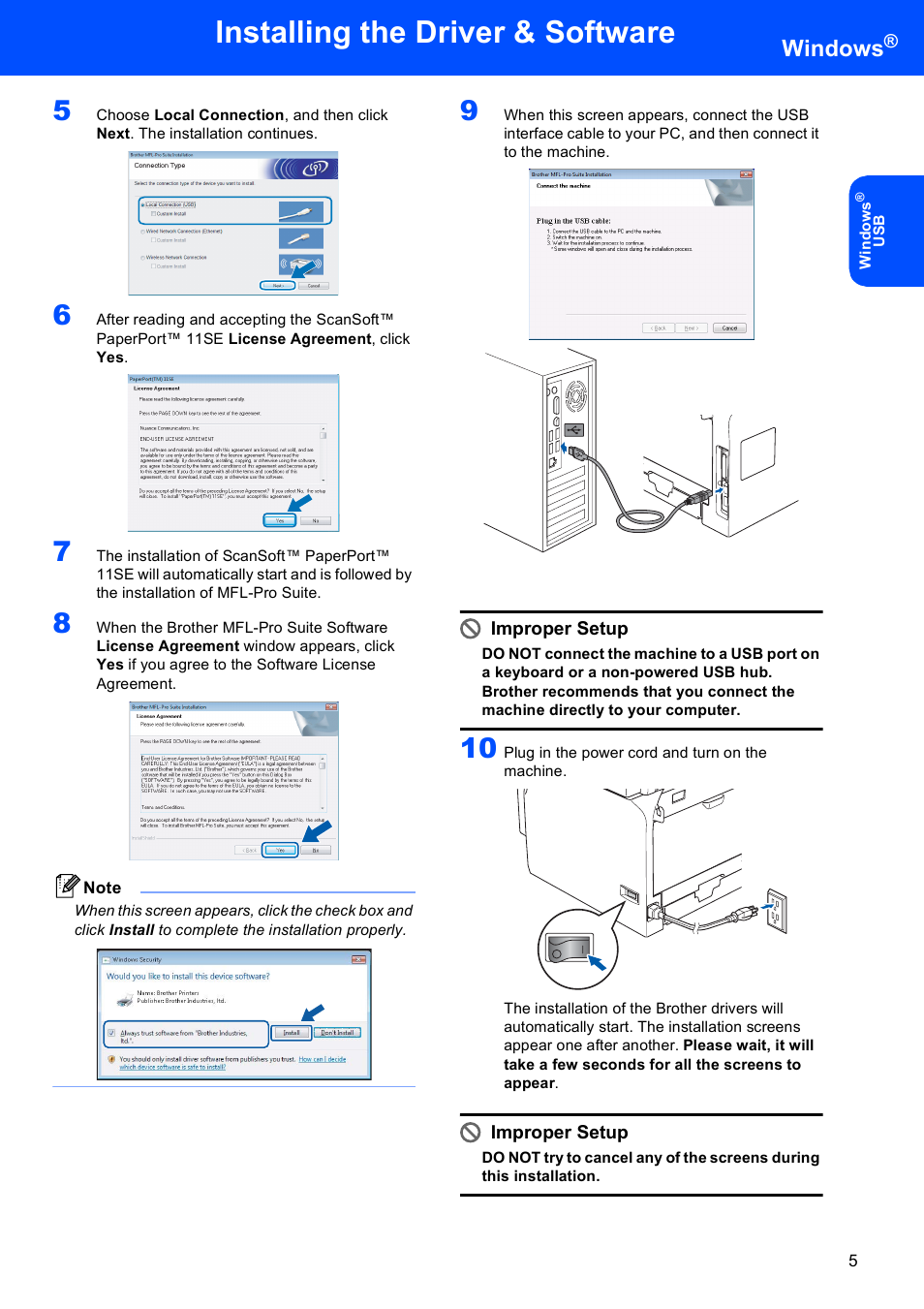 Installing the driver & software, Windows, Improper setup | Brother MFC-8870DW User Manual | Page 7 / 29