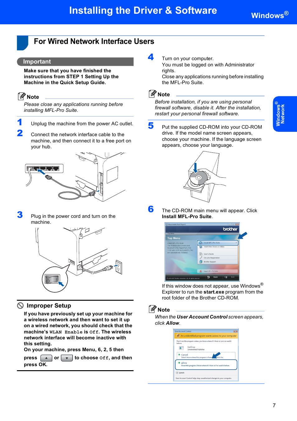 For wired network interface users, Installing the driver & software, Windows | Important, Improper setup | Brother MFC-8870DW User Manual | Page 9 / 29