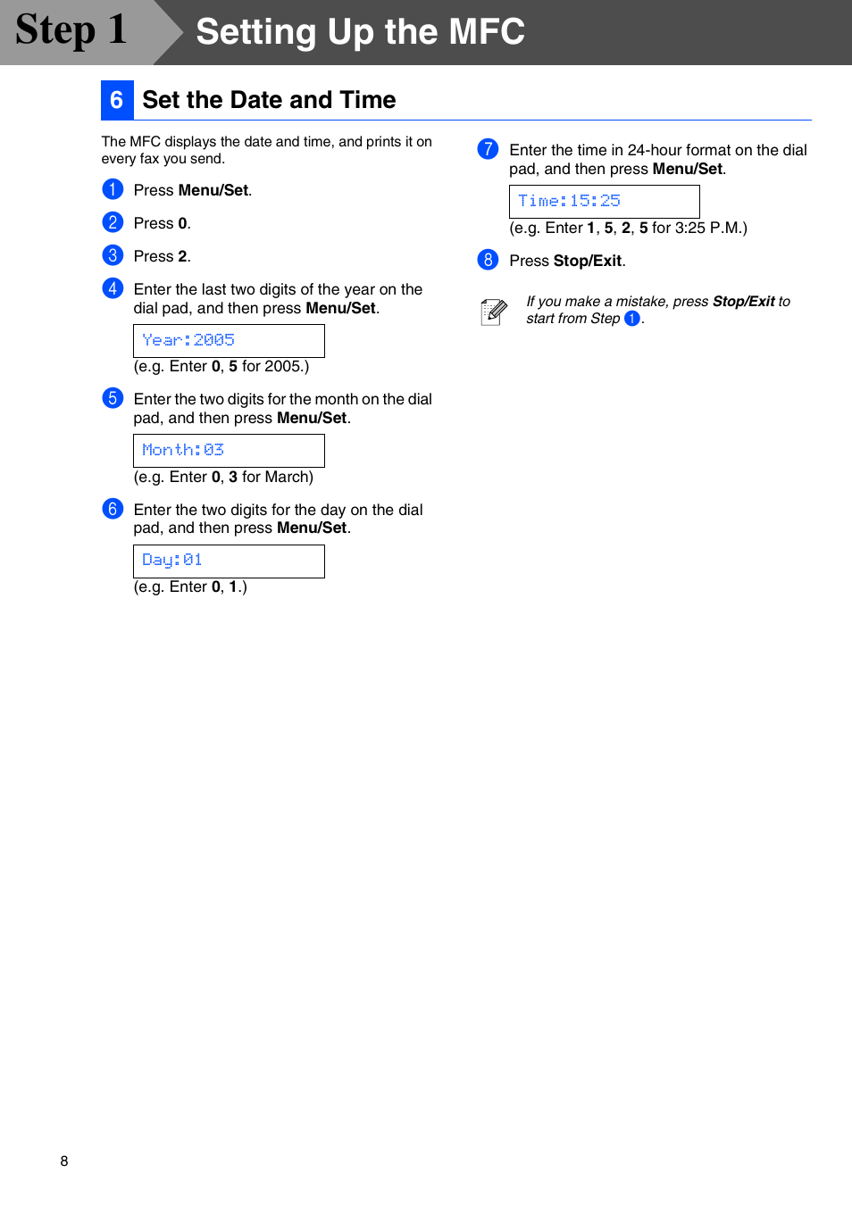 6 set the date and time, Set the date and time, Step 1 | Setting up the mfc, 6set the date and time | Brother MFC-7220 User Manual | Page 10 / 40