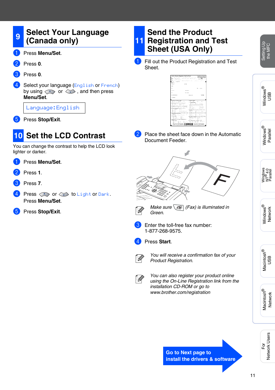 9 select your language (canada only), 10 set the lcd contrast, Select your language (canada only) | 9select your language (canada only), Language:english | Brother MFC-7220 User Manual | Page 13 / 40