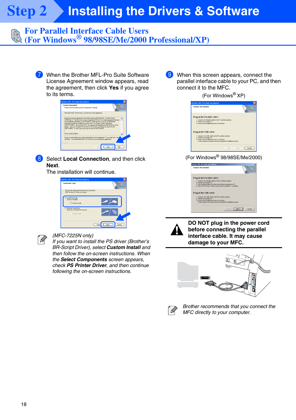 Step 2, Installing the drivers & software, For parallel interface cable users (for windows | Brother MFC-7220 User Manual | Page 20 / 40