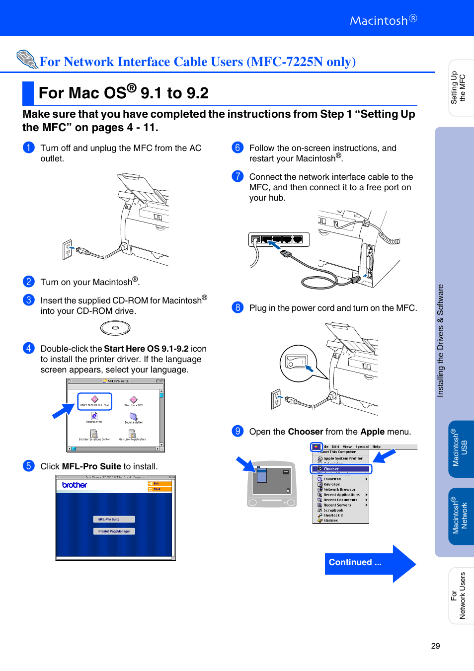 For network interface cable users (mfc-7225n only), For mac os® 9.1 to 9.2, For network interface cable users | Mfc-7225n and optional nc-2200w only), For mac os, 1 to 9.2 | Brother MFC-7220 User Manual | Page 31 / 40