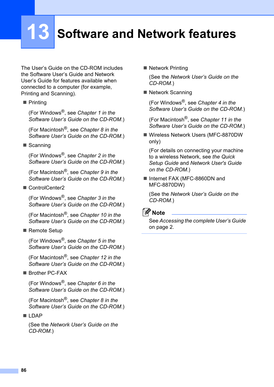 13 software and network features, Software and network features | Brother MFC-8660DN User Manual | Page 100 / 196
