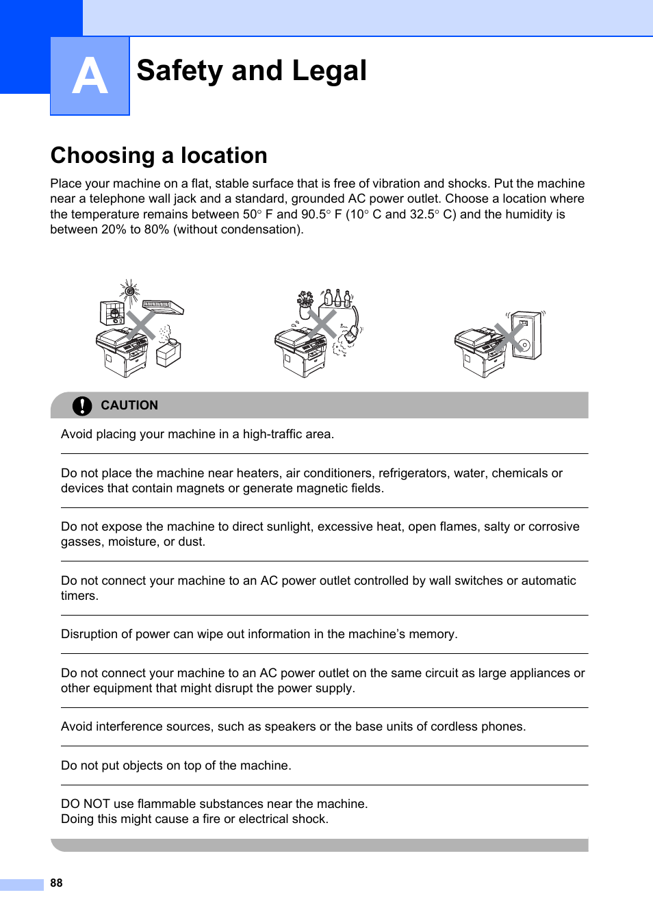 A safety and legal, Choosing a location, Safety and legal | Avoid placing your machine in a high-traffic area, Do not put objects on top of the machine | Brother MFC-8660DN User Manual | Page 102 / 196