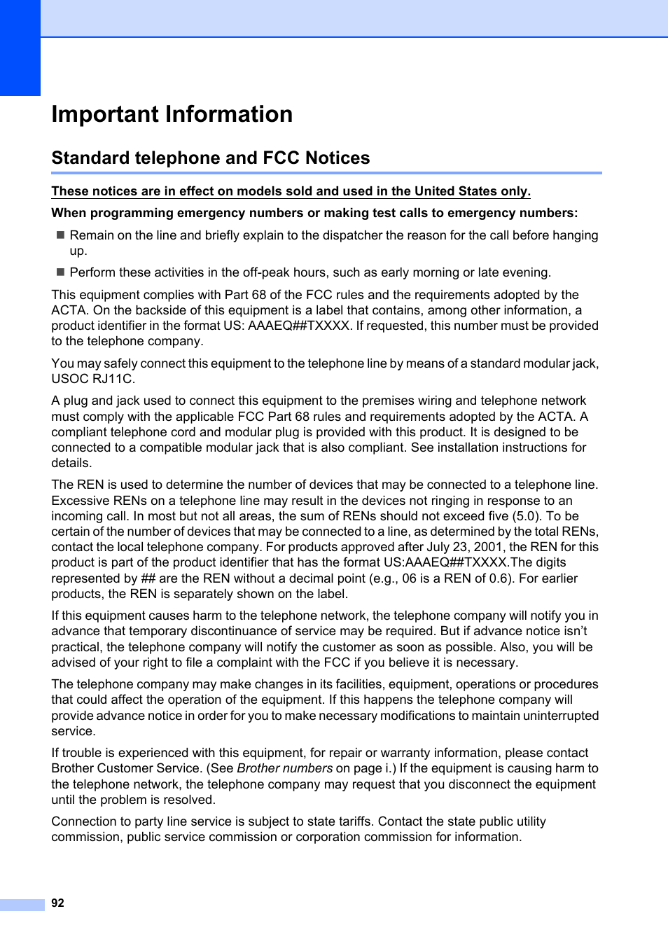 Important information, Standard telephone and fcc notices | Brother MFC-8660DN User Manual | Page 106 / 196