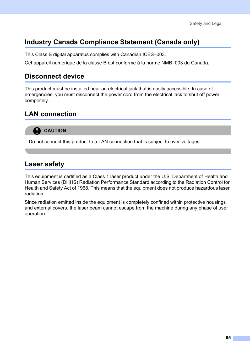 Industry canada compliance statement (canada only), Disconnect device, Lan connection | Laser safety, Caution | Brother MFC-8660DN User Manual | Page 109 / 196