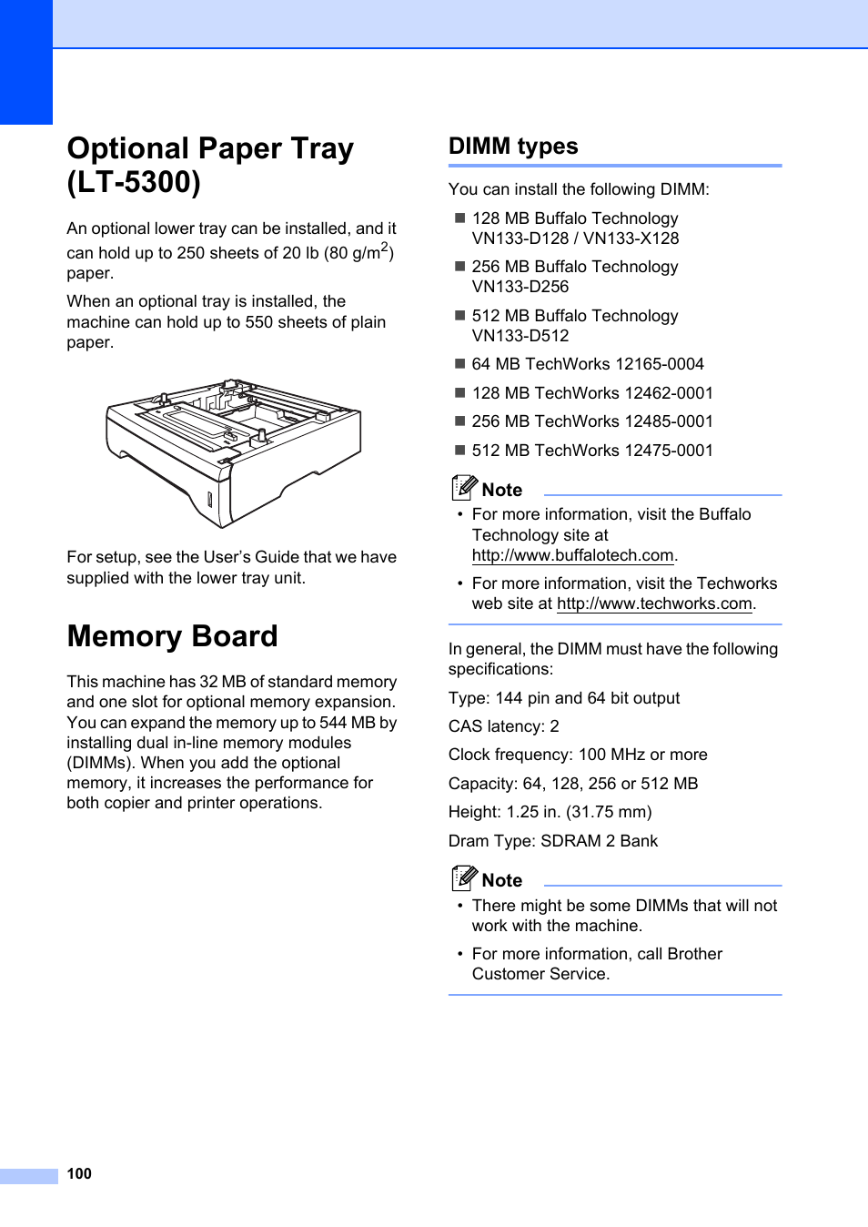 Optional paper tray (lt-5300), Memory board, Dimm types | Optional paper tray (lt-5300) memory board | Brother MFC-8660DN User Manual | Page 114 / 196