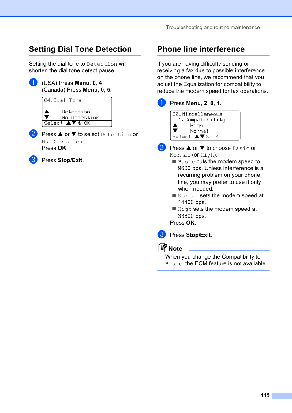 Setting dial tone detection, Phone line interference | Brother MFC-8660DN User Manual | Page 129 / 196