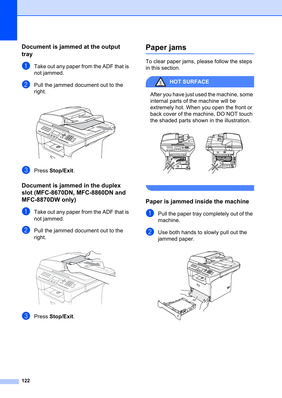 Document is jammed at the output tray, Paper jams, Paper is jammed inside the machine | Brother MFC-8660DN User Manual | Page 136 / 196