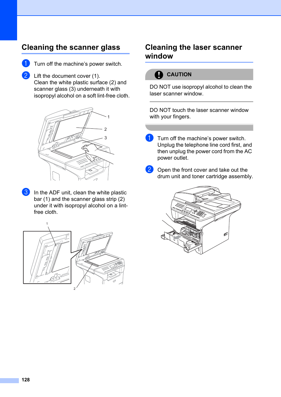 Cleaning the scanner glass, Cleaning the laser scanner window, Cleaning the laser | Scanner window | Brother MFC-8660DN User Manual | Page 142 / 196