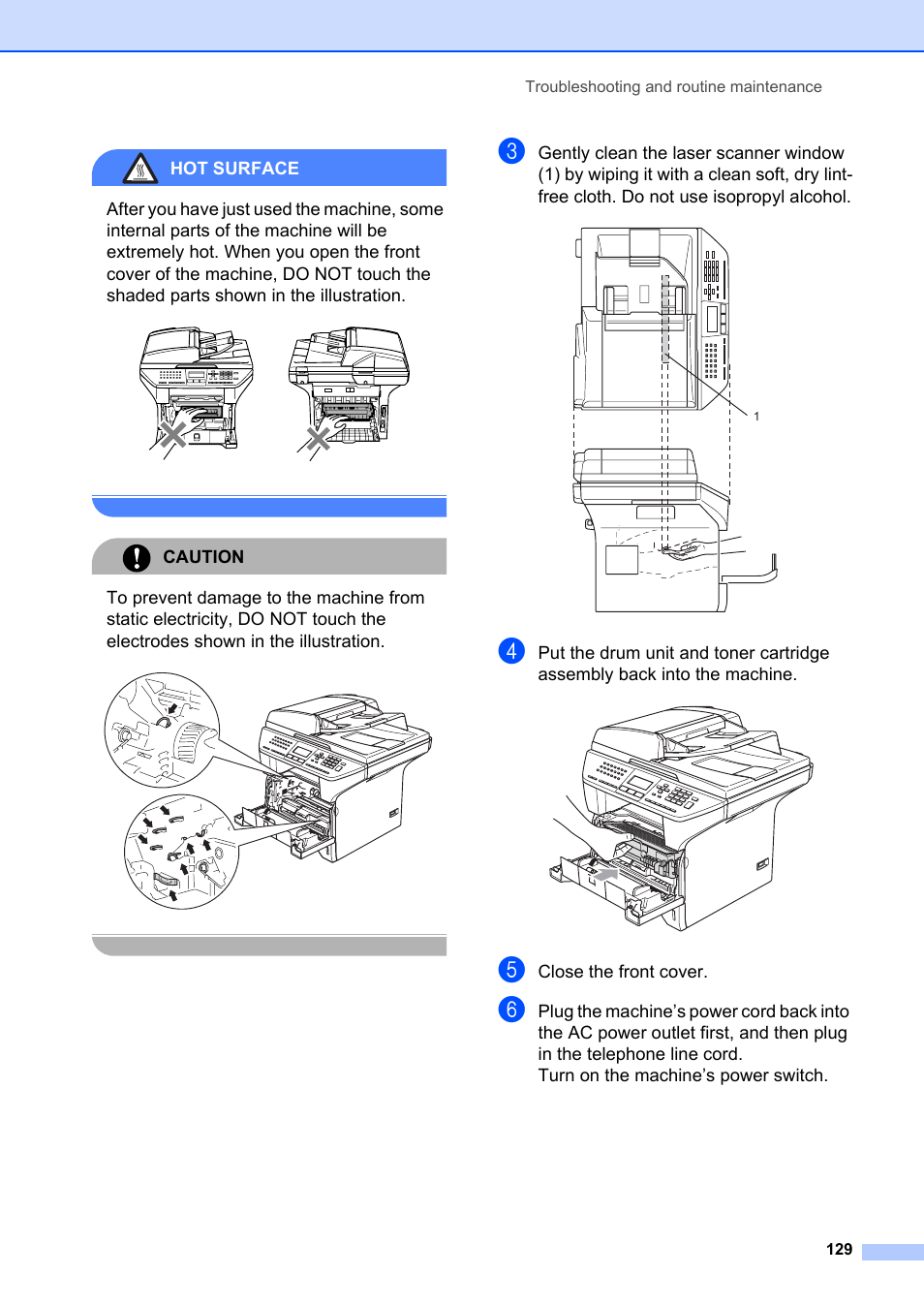 Hot surface, Caution, Close the front cover | Brother MFC-8660DN User Manual | Page 143 / 196