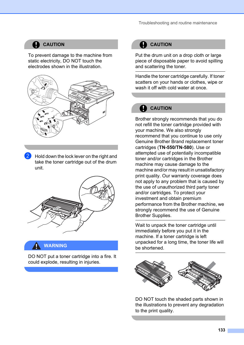 Caution, Warning, Troubleshooting and routine maintenance 133 | Brother MFC-8660DN User Manual | Page 147 / 196