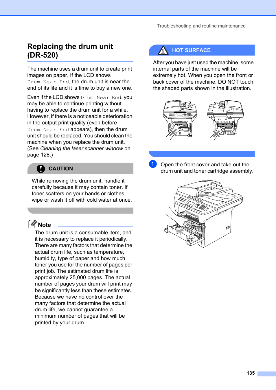 Replacing the drum unit (dr-520), Replacing the drum, Unit (dr-520) | Um unit. (see, Replacing the, Drum unit (dr-520), Hot surface | Brother MFC-8660DN User Manual | Page 149 / 196