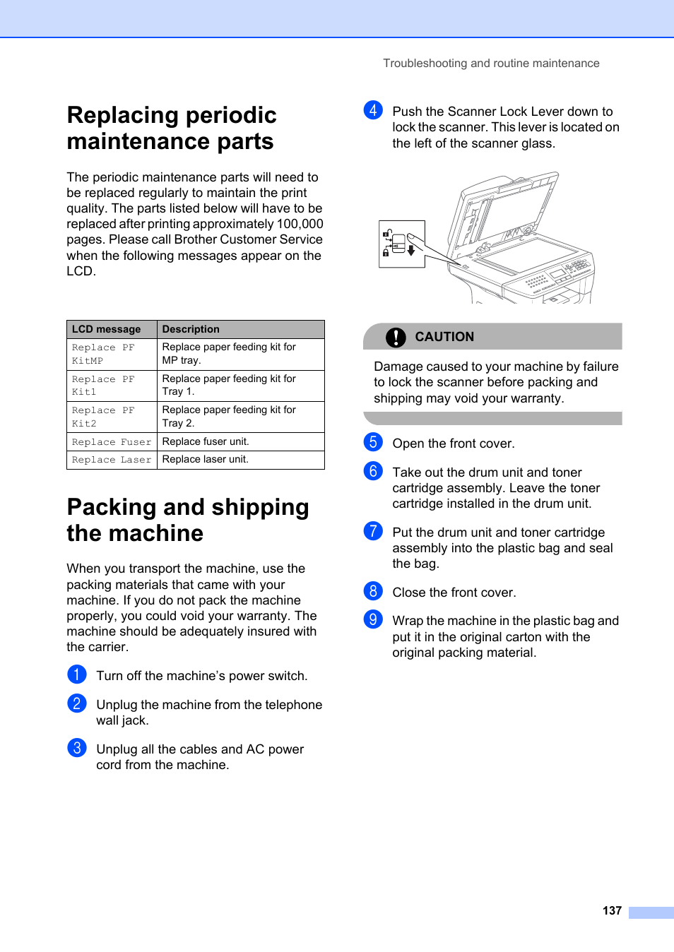 Replacing periodic maintenance parts, Packing and shipping the machine | Brother MFC-8660DN User Manual | Page 151 / 196