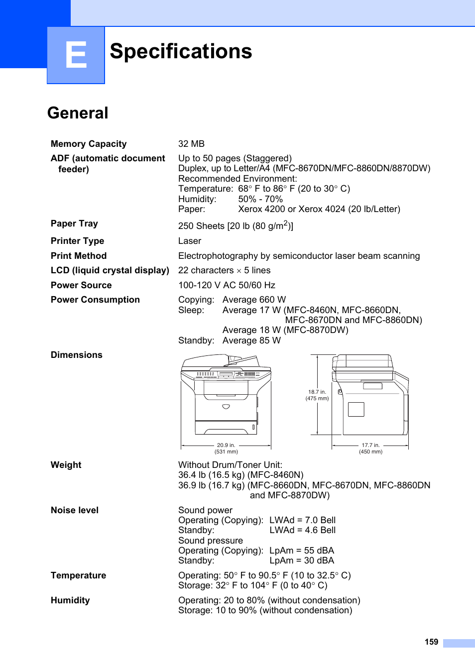 E specifications, General, Specifications | Brother MFC-8660DN User Manual | Page 173 / 196