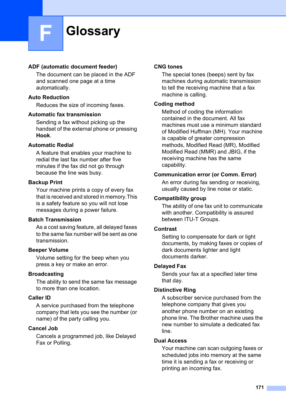 F glossary, Glossary | Brother MFC-8660DN User Manual | Page 185 / 196