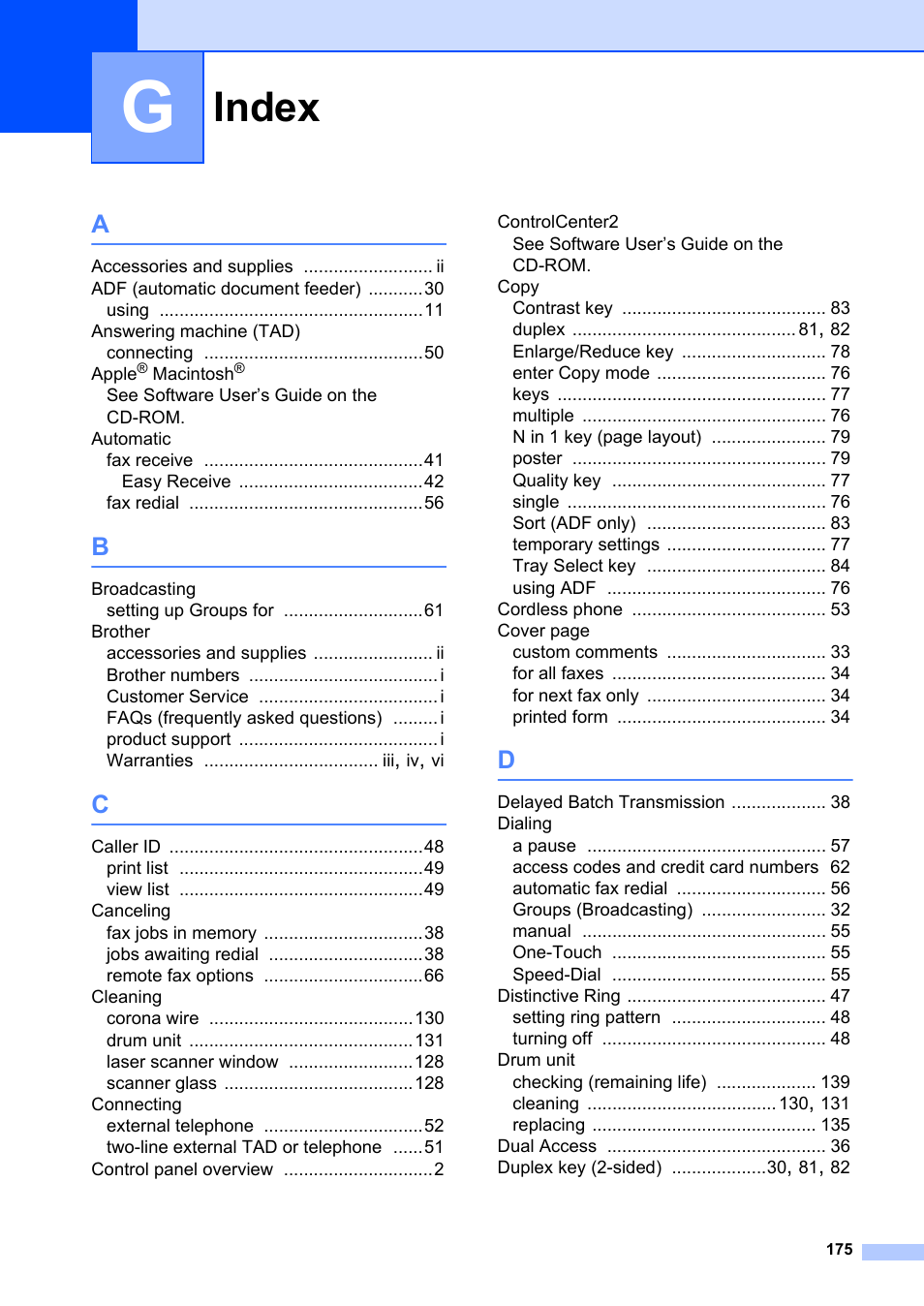 Index | Brother MFC-8660DN User Manual | Page 189 / 196