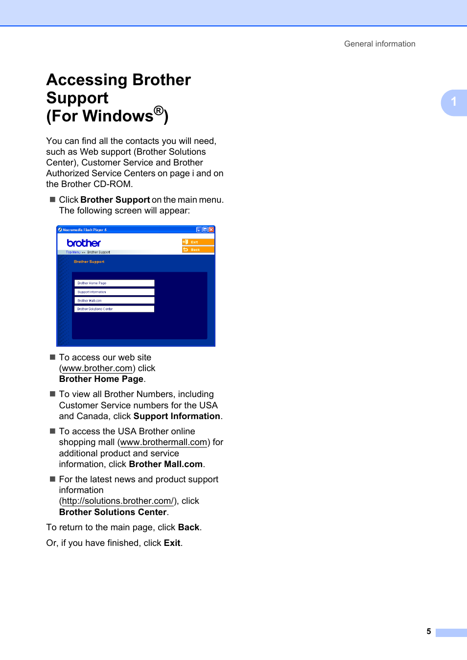 Accessing brother support (for windows®), Accessing brother support (for windows | Brother MFC-8660DN User Manual | Page 19 / 196