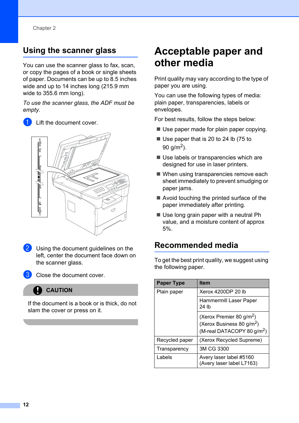 Using the scanner glass, Acceptable paper and other media, Recommended media | Brother MFC-8660DN User Manual | Page 26 / 196