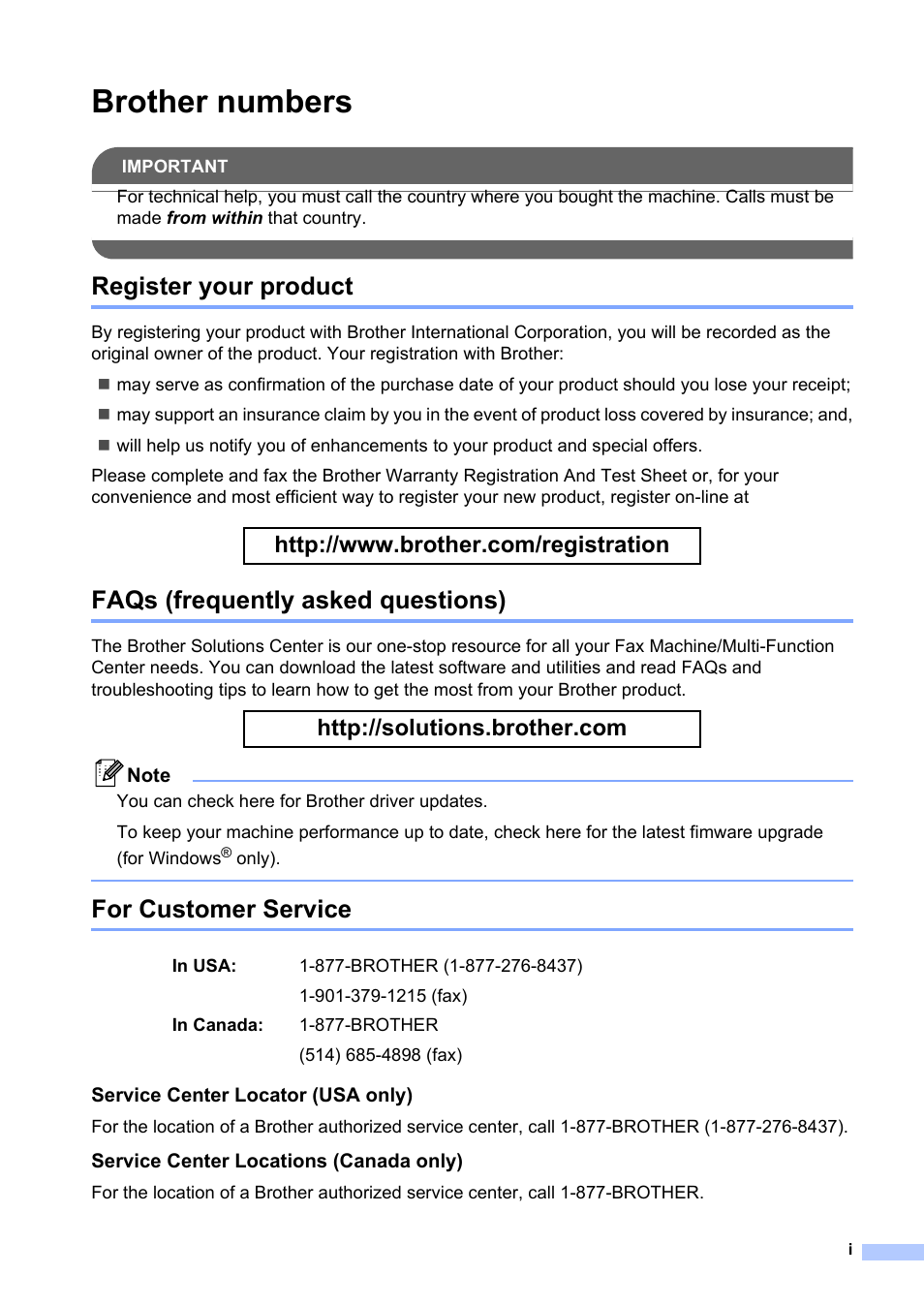 Brother numbers, Register your product, Faqs (frequently asked questions) | For customer service | Brother MFC-8660DN User Manual | Page 3 / 196