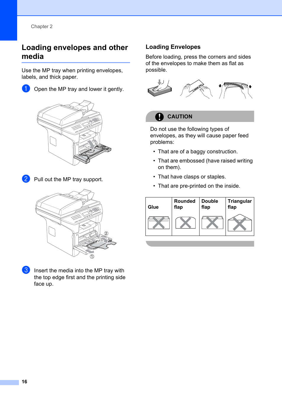 Loading envelopes and other media, Loading envelopes, Open the mp tray and lower it gently | Pull out the mp tray support, Caution | Brother MFC-8660DN User Manual | Page 30 / 196