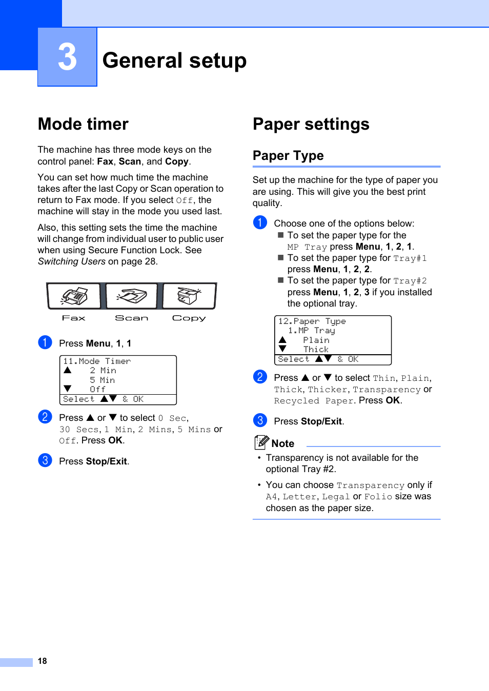 3 general setup, Mode timer, Paper settings | Paper type, General setup, Mode timer paper settings | Brother MFC-8660DN User Manual | Page 32 / 196