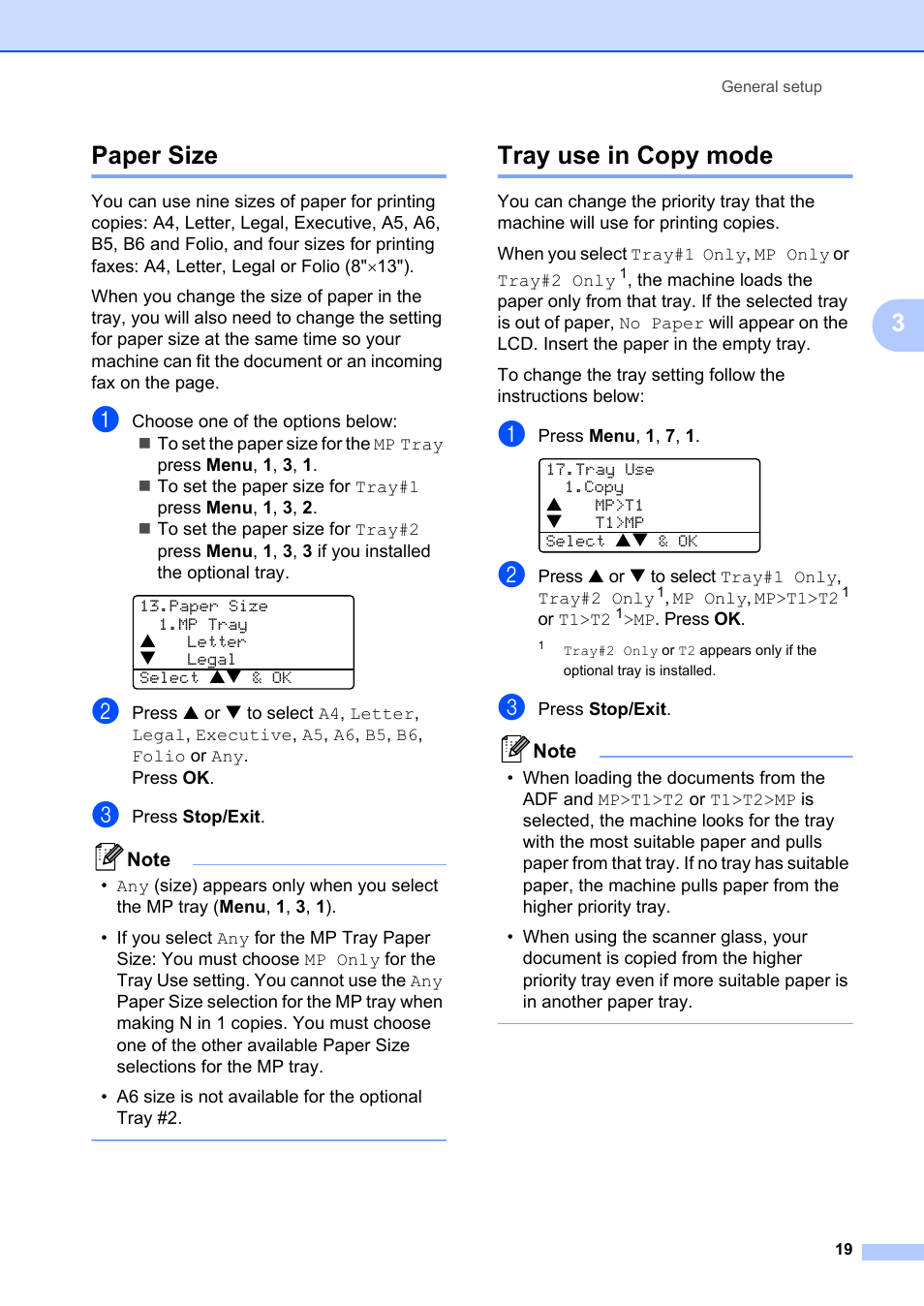 Paper size, Tray use in copy mode, Paper size tray use in copy mode | 3paper size | Brother MFC-8660DN User Manual | Page 33 / 196