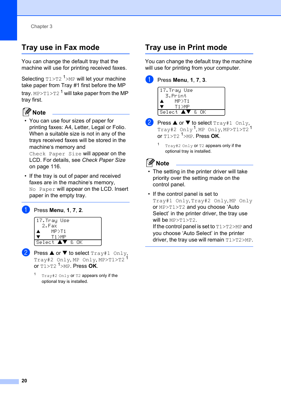 Tray use in fax mode, Tray use in print mode, Tray use in fax mode tray use in print mode | Brother MFC-8660DN User Manual | Page 34 / 196