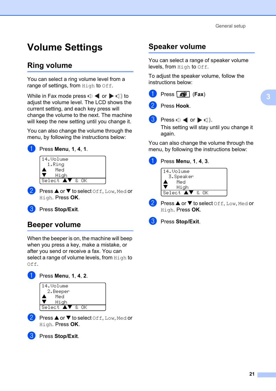 Volume settings, Ring volume, Beeper volume | Speaker volume, Ring volume beeper volume speaker volume | Brother MFC-8660DN User Manual | Page 35 / 196