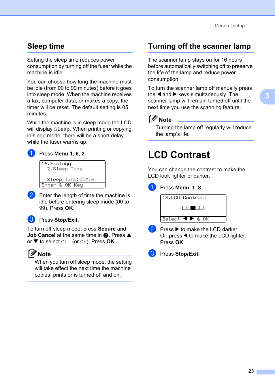 Sleep time, Turning off the scanner lamp, Lcd contrast | Sleep time turning off the scanner lamp, 3sleep time | Brother MFC-8660DN User Manual | Page 37 / 196