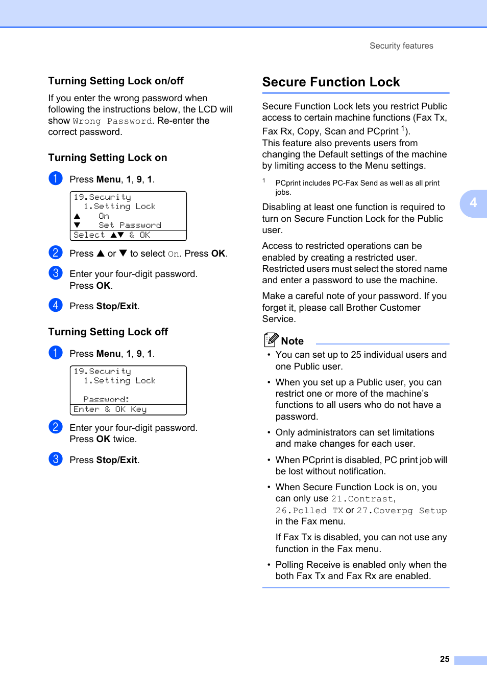 Turning setting lock on/off, Turning setting lock on, Turning setting lock off | Secure function lock | Brother MFC-8660DN User Manual | Page 39 / 196