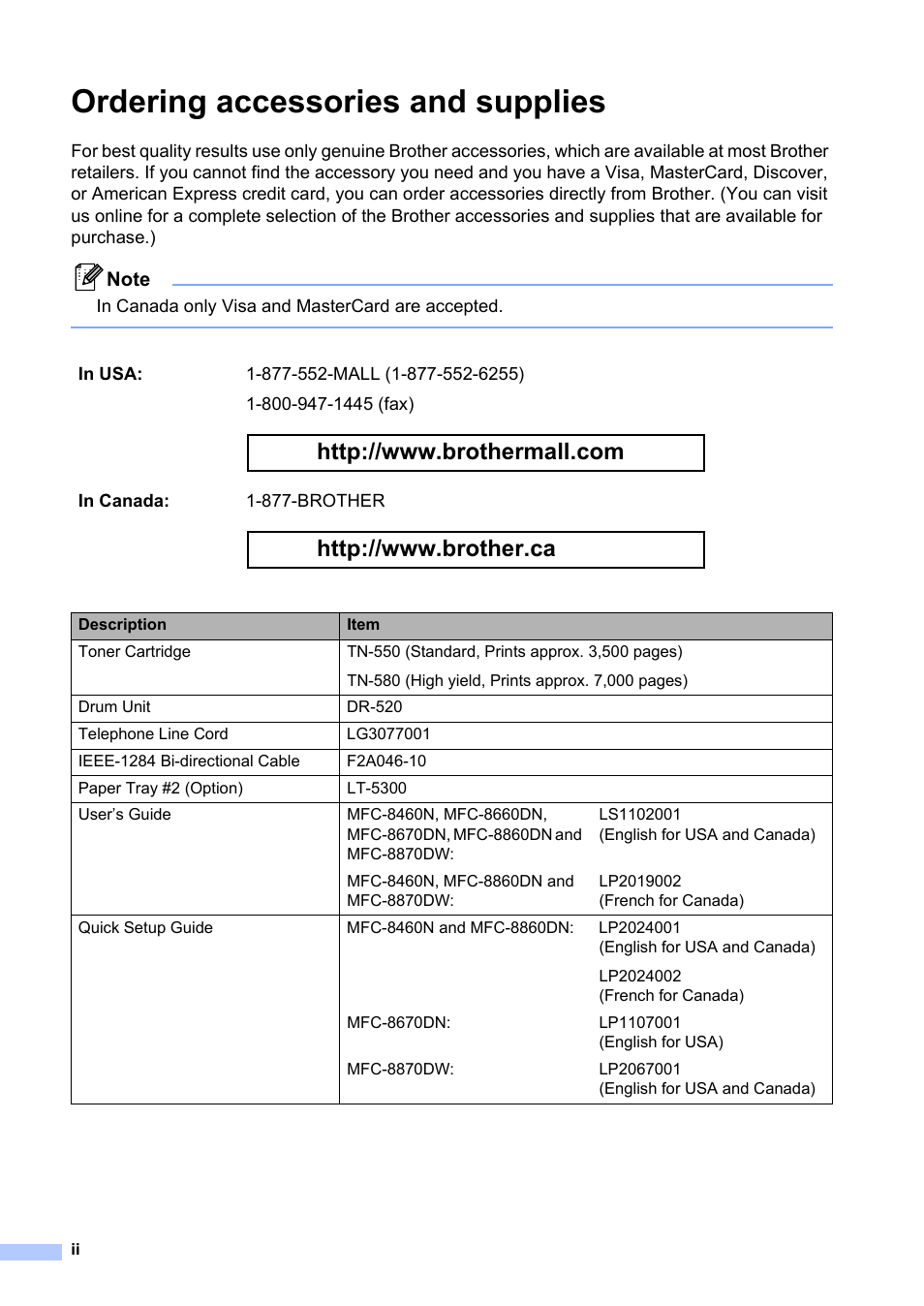 Ordering accessories and supplies | Brother MFC-8660DN User Manual | Page 4 / 196