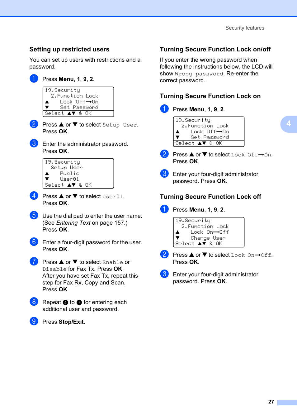 Setting up restricted users, Turning secure function lock on/off, Turning secure function lock on | Turning secure function lock off | Brother MFC-8660DN User Manual | Page 41 / 196